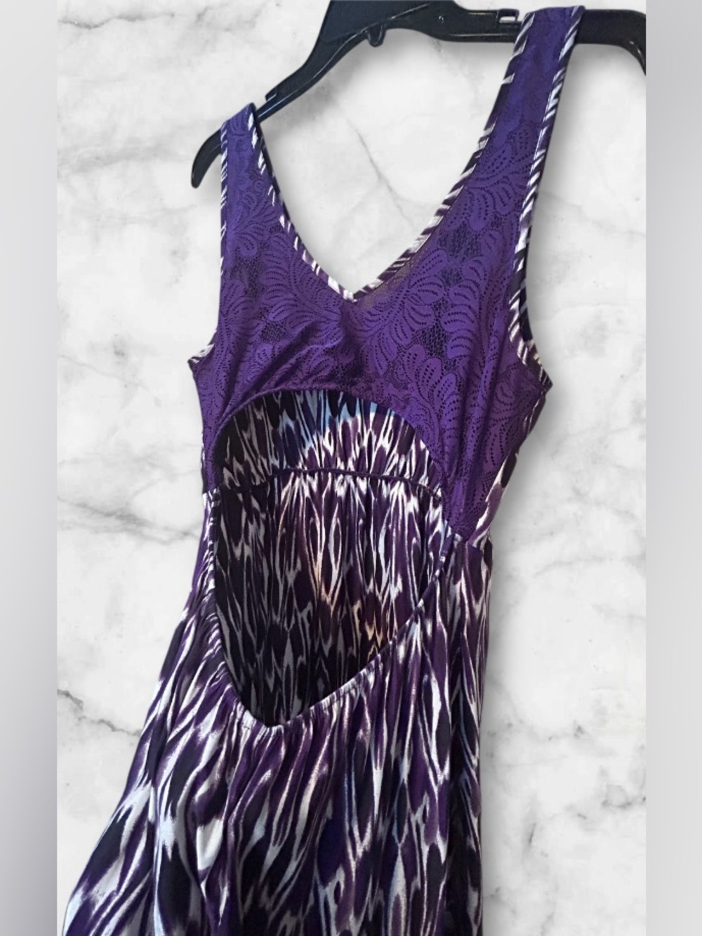 Express High-Low Maxi Dress Purple Ikat Print Lace Back Cutout V-Neck Size M - Picture 7 of 14